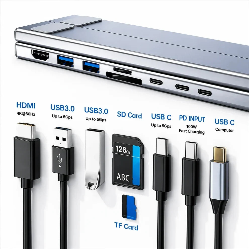 8-in-1 Laptop Docking Station Stand with 4K HDMI, USB Ports & Multi-Device Connectivity