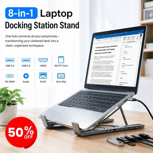 8-in-1 Laptop Docking Station Stand with 4K HDMI, USB Ports & Multi-Device Connectivity